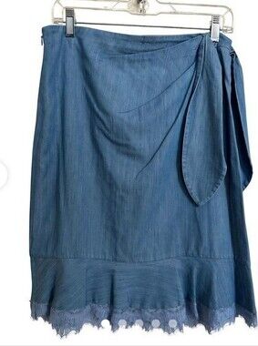 Diane Von Furstenberg Chambray Blue Wrap-Style Midi Skirt With Lace Hem Sz 6